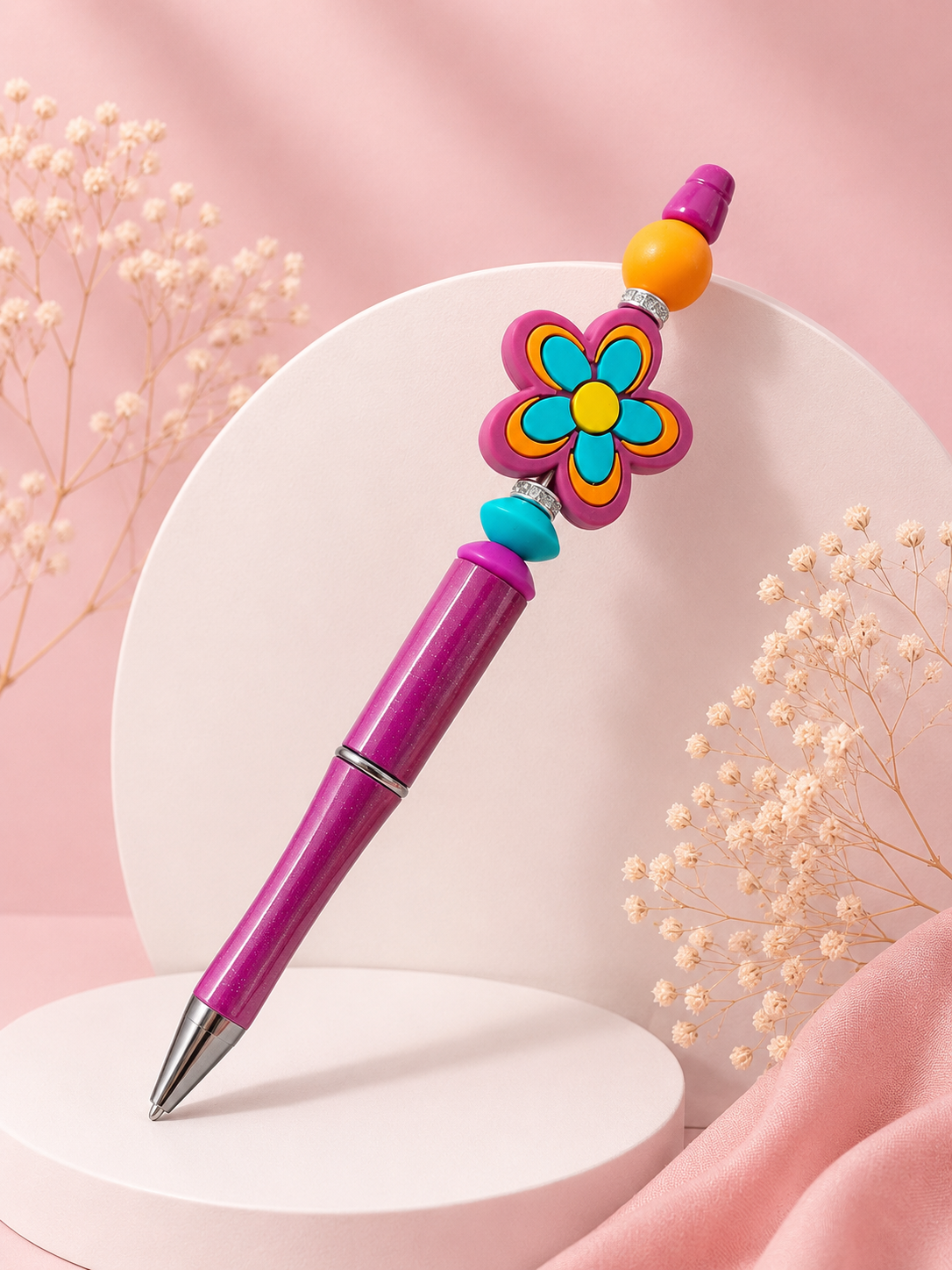 Beaded Pen 'Dark Pink Flower'