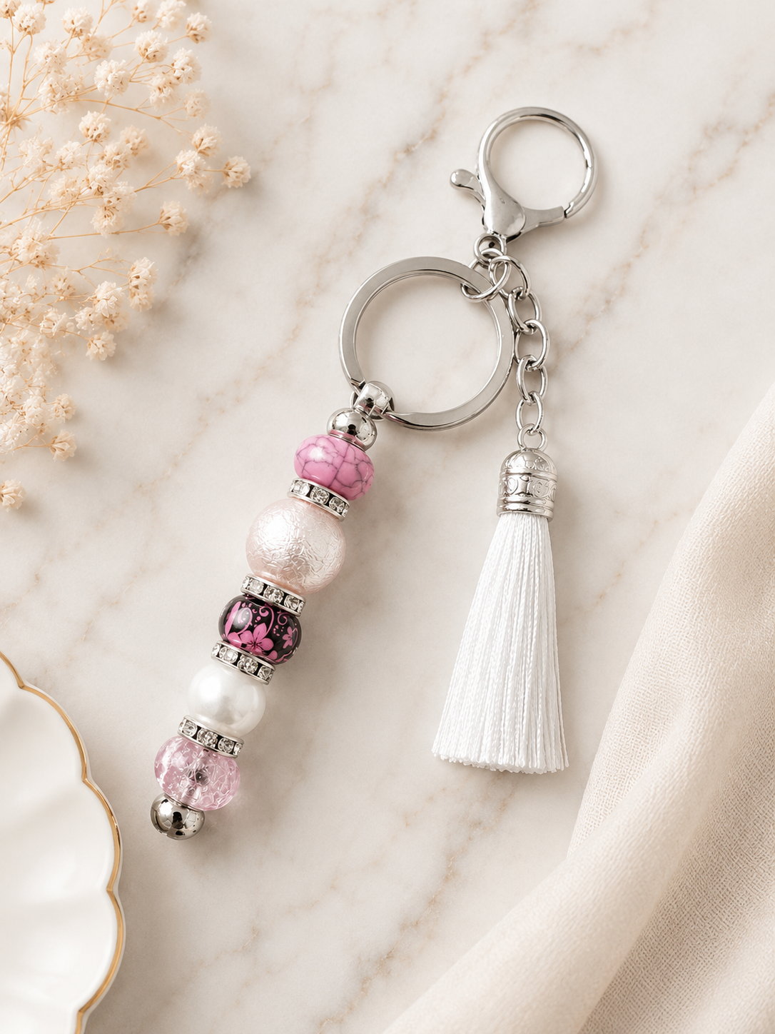 Beaded Pink Crystal Keychain