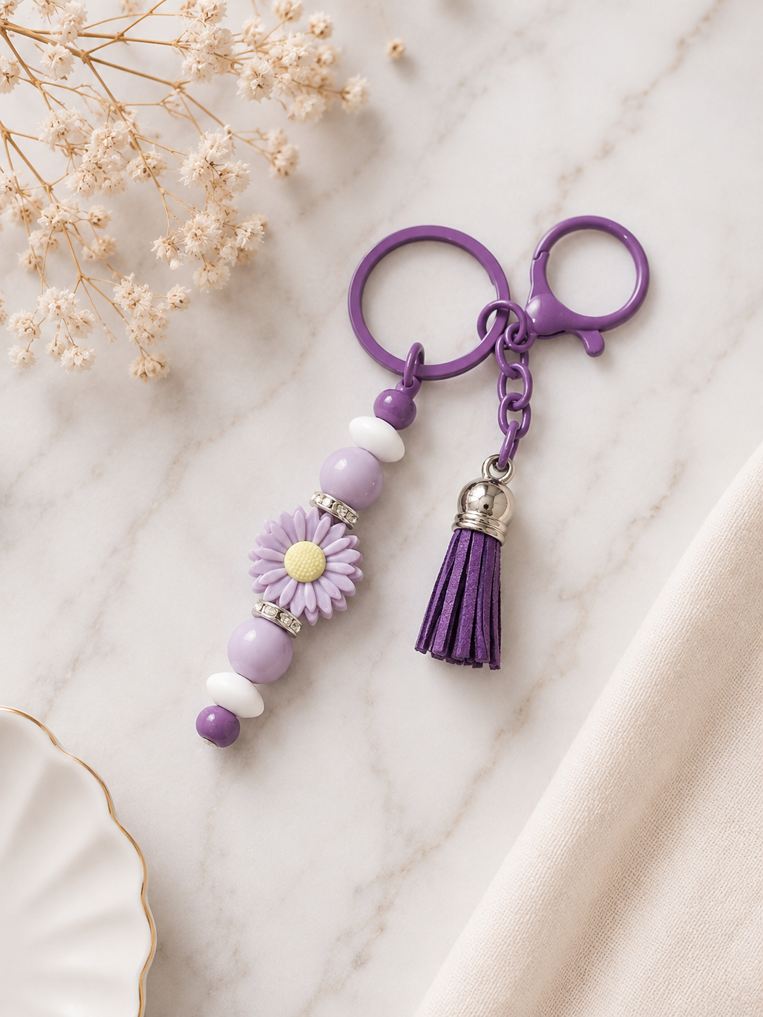 Beaded Charm Purple Flower Keychain