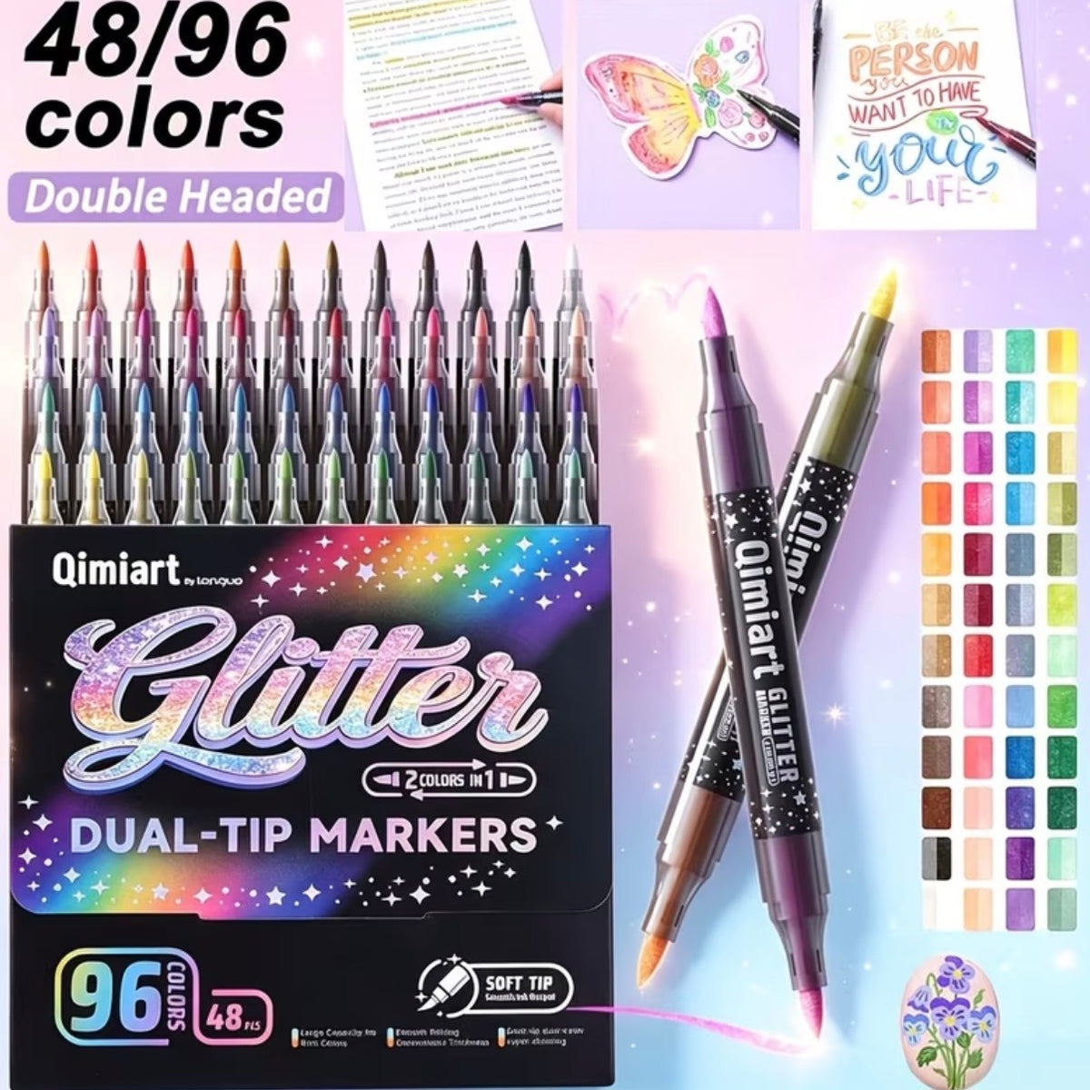 Qimiart Glitter Pens (Dual-Tip/ 48 Pens/ 96 Colors)