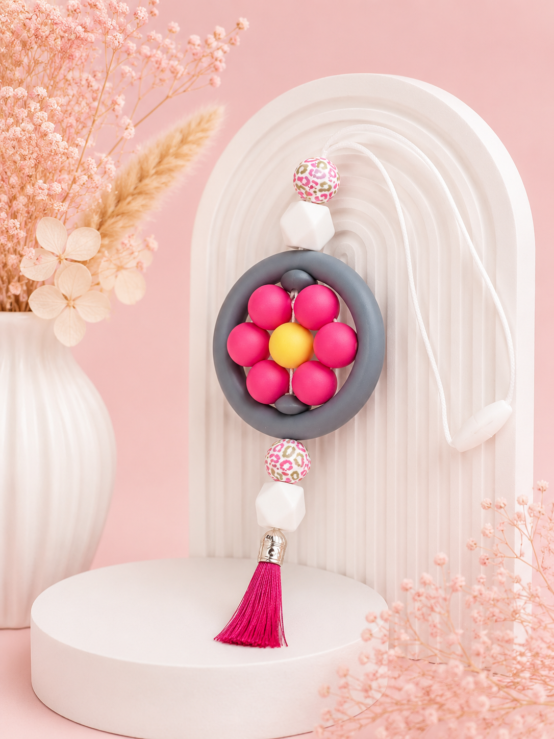 Beaded Car Charm 'Pink Flower'