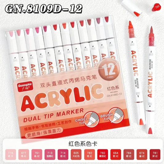 GuangNa Acrylic Markers Dual-Tip (Red - 12 Colors)