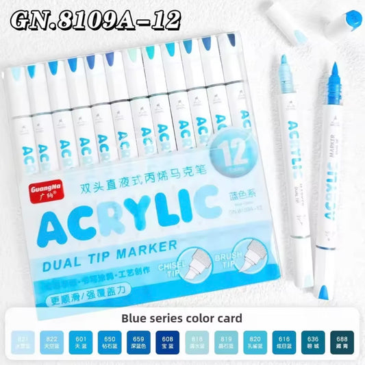 GuangNa Acrylic Markers Dual-Tip (Blue - 12 Colors)