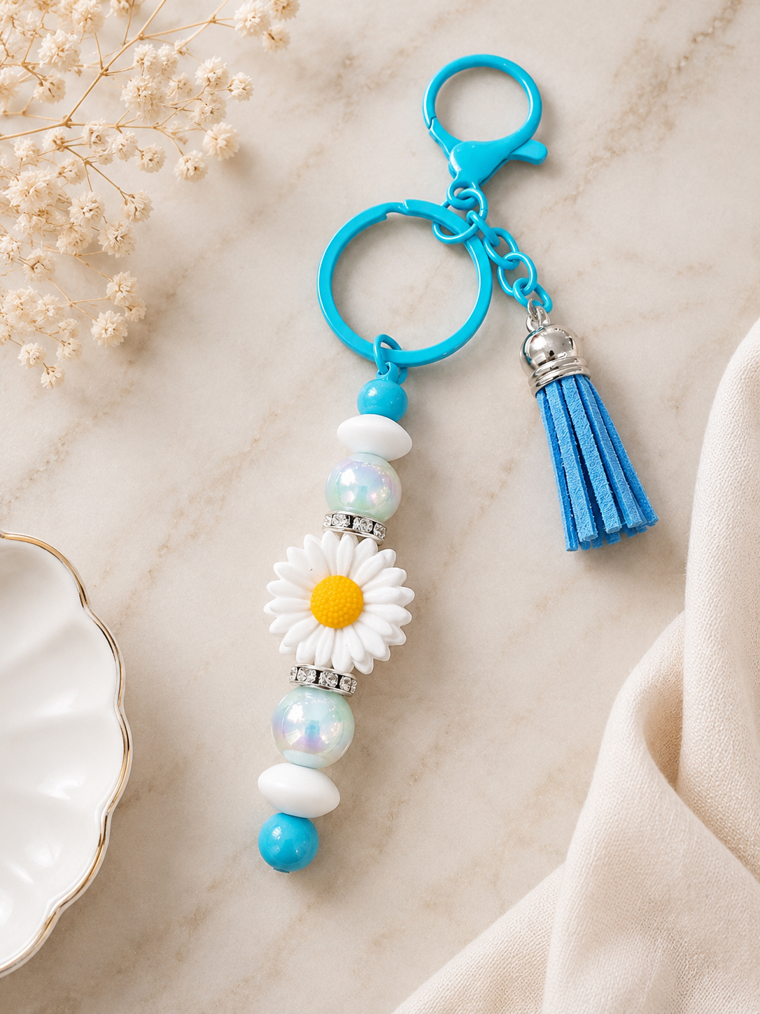 Beaded Blue Flower Keychain