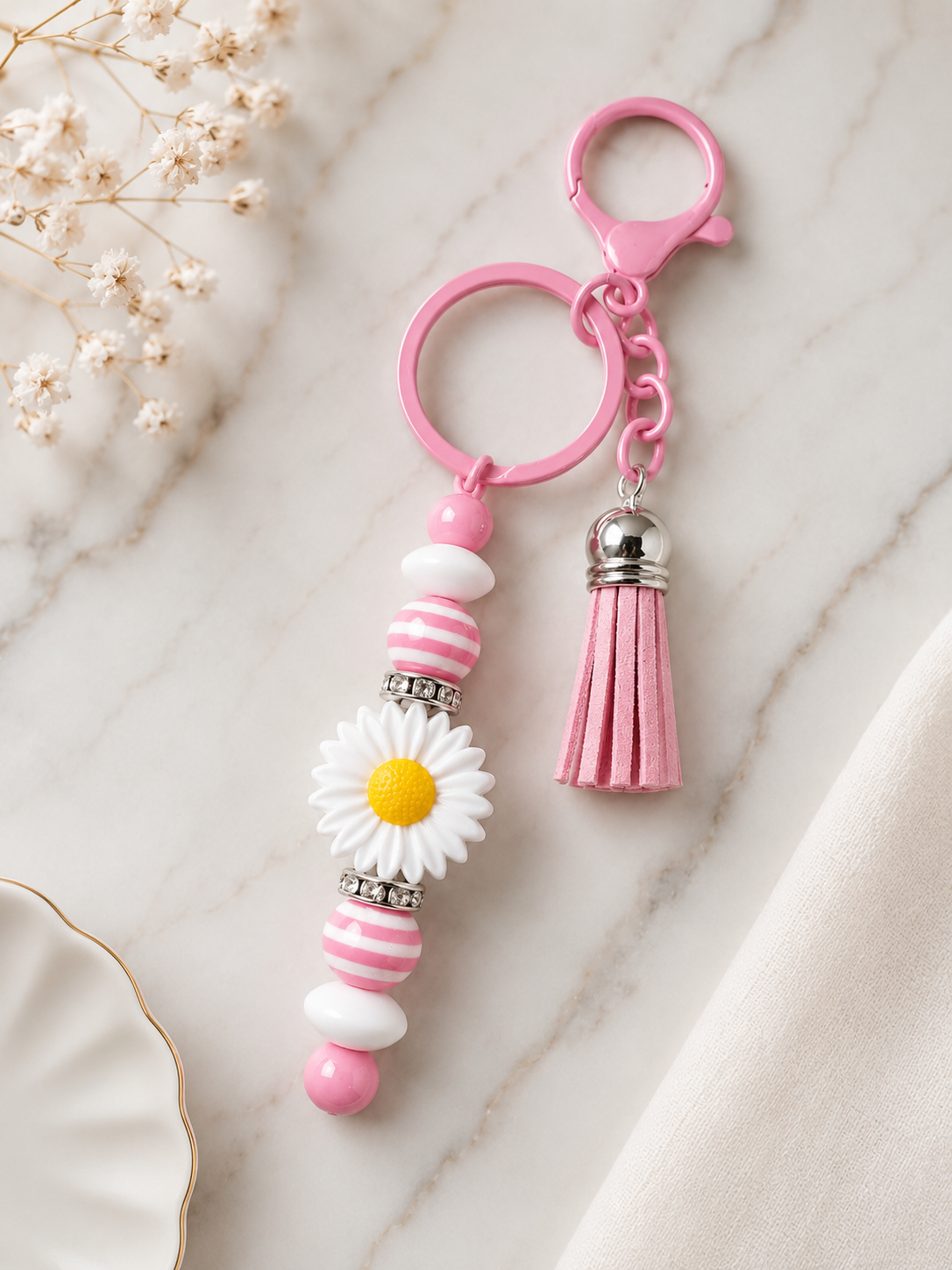 Beaded Pink Flower Keychain
