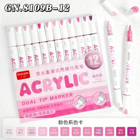 GuangNa Acrylic Markers Dual-Tip (Pink - 12 Colors)