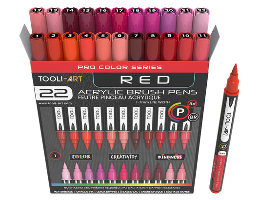 Tooli Art Acrylic Markers - Brush Tip (Red - 22 colors)
