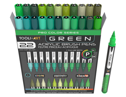 Tooli Art Acrylic Markers - Brush Tip (Green - 22 colors)
