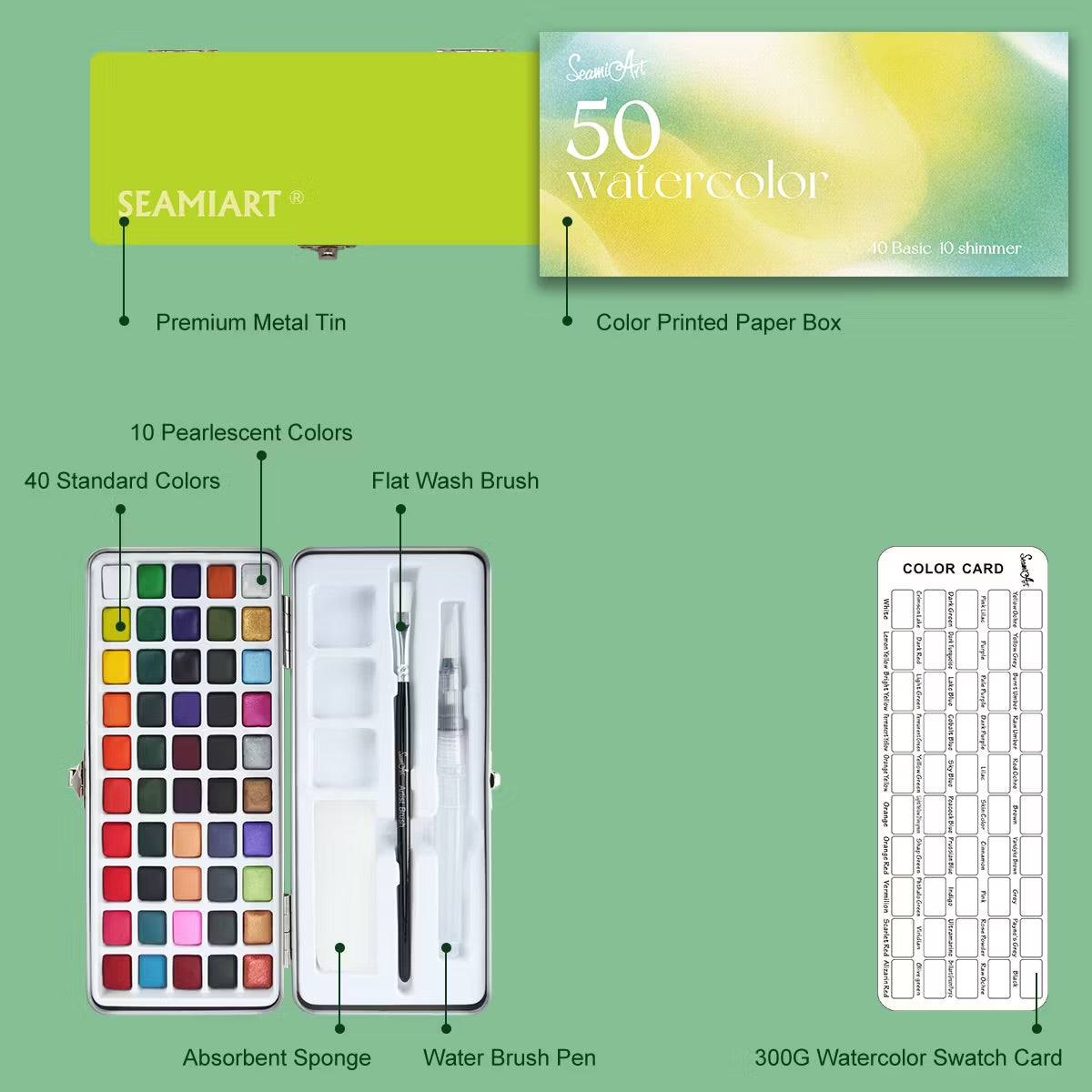Seamiart Watercolors (40 Standard Colors + 10 Pearl Colors)