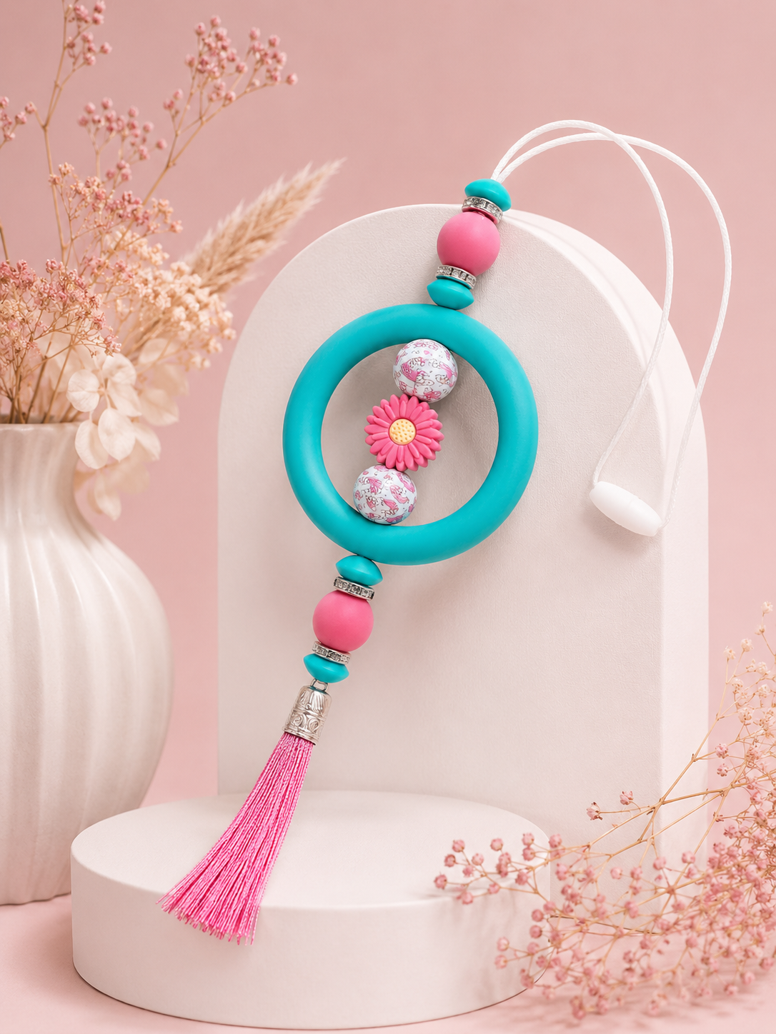 Beaded Car Charm 'Pink and Blue Flower'