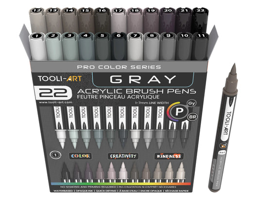 Tooli Art Acrylic Markers - Brush Tip (Grey - 22 colors)