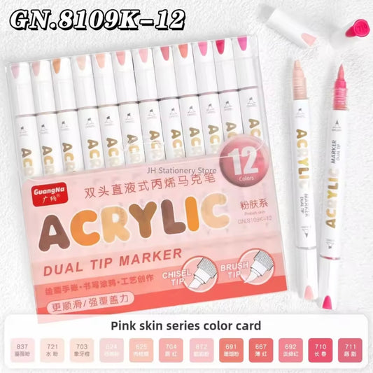 GuangNa Acrylic Markers Dual-Tip (Pink Skin - 12 Colors)