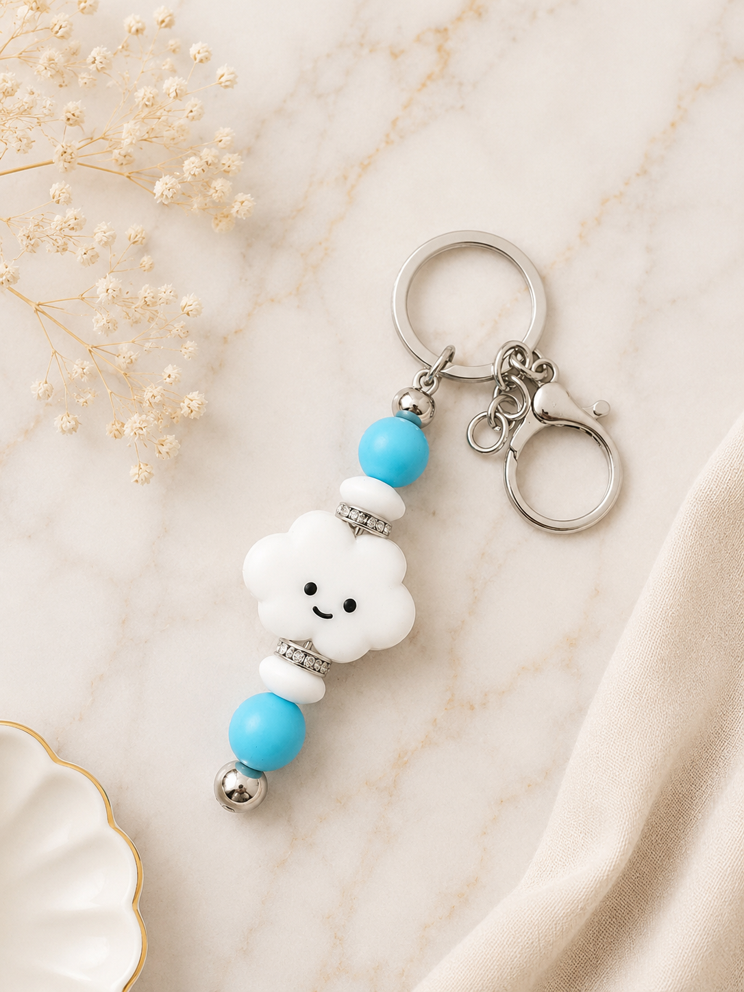 Beaded Blue Cloud Keychain