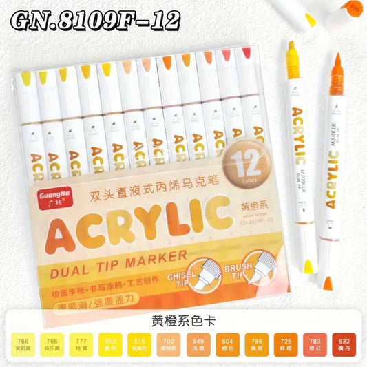 GuangNa Acrylic Markers Dual-Tip (Yellow/Orange - 12 Colors)